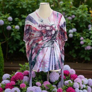 India Boutique Floral Poncho Top Sheer Boho Festival Summer Artsy  SZ L/XL